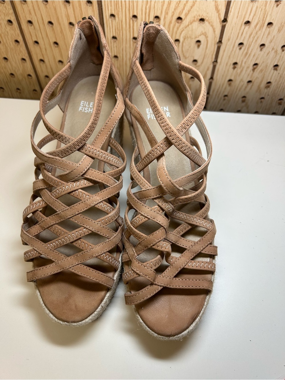 Eileen Fisher Beige Strappy Espadrille Wedge Sandals